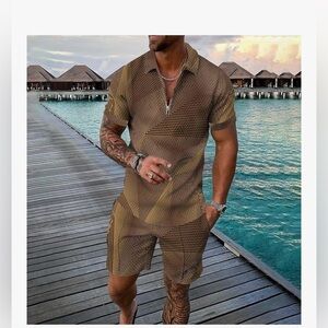 Mens Geometric Modern Polo Half-Zip and Shorts Set Relaxed Fit